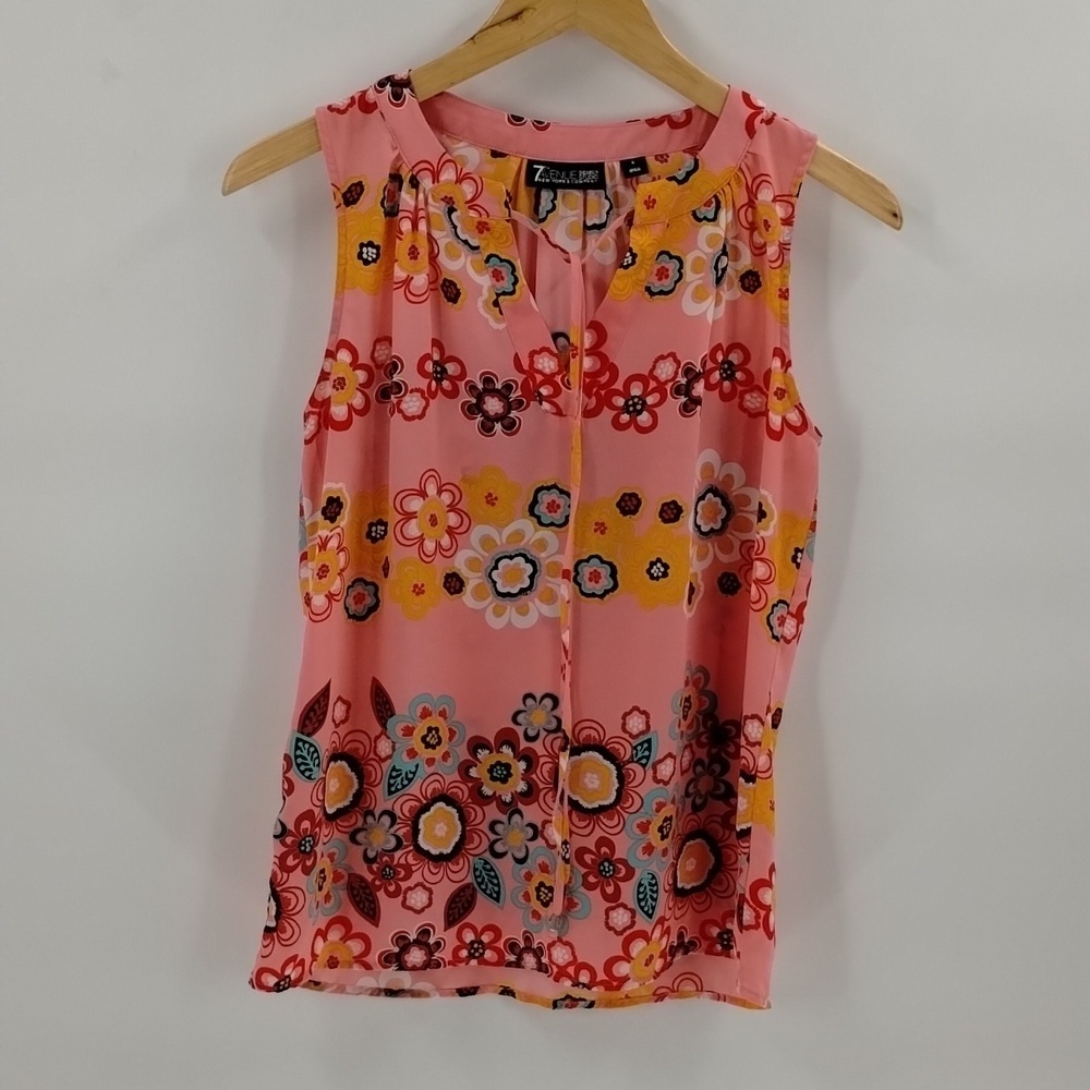 7th Ave New York & Co blouse small floral sleeveless top pink multicolor flowers